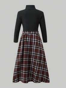 SHEIN 少女休闲纯色长袖T恤和格子裙套装，秋季 - 彩色 - 查看 2