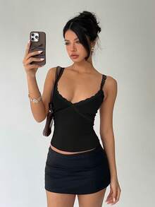 Aloruh 女士酒红色蕾丝拼接深V领修身吊带背心 - 黑色 - 查看 7