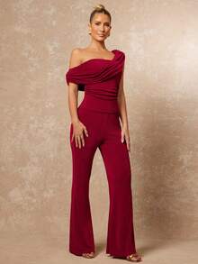 Lumalex VITNOS Dark Red,Summer,Elegant,Party One-Shoulder Draped Knit Sculpted Asymmetrical Silhouette With Ruched Bodice Fluid Stretch Fabric Evening Dress - Burgundy - View 4
