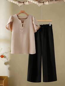 Linhara 大码女式梭织常规早春休闲/工作V领纽扣卡其色短袖衬衫和黑色阔腿裤两件套 - 彩色 - 查看 1