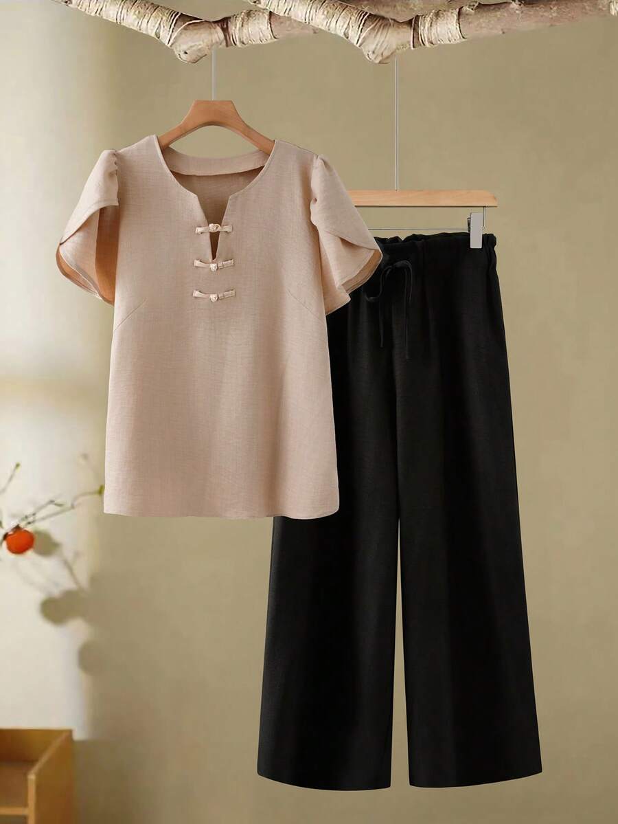 Linhara 大码女式梭织常规早春休闲/工作V领纽扣卡其色短袖衬衫和黑色阔腿裤两件套 - 彩色 - 查看 1