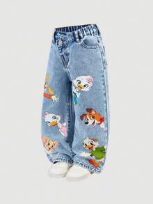 SHEIN Y2K Style Light Blue Denim Casual Animal Print Pattern Loose Fit Straight Leg Jeans, Versatile For Daily Wear, Parties, Back To School - Light Wash - View 3