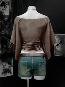 EgrlEra 女士纯色时尚露肩收腰复古性感T恤 - 駝色 - 查看 2