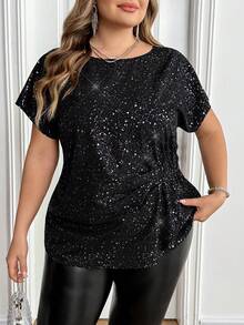 SHEIN CURVE+ 加大码时尚派对金属银色蝙蝠袖褶皱腰身衬衫 情人节 - 黑色 - 查看 6