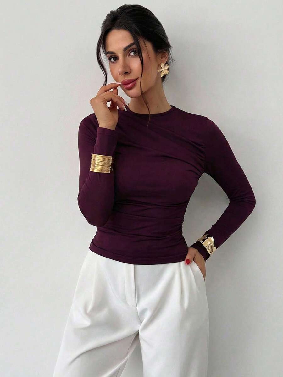 Firerie Women's Casual Elegant Versatile Burgundy Long Sleeve Fitted T-Shirt