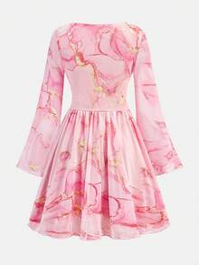 SHEIN Tween Girl Tie-Dye Print Sweetheart Collar Ruched Flare Sleeve Waist Cinched Long Sleeve Dress, Princess Style Dress, Tween Girls Pink Dress, Suitable For Valentine's Day, Wedding, Birthday Party - Pink - View 3