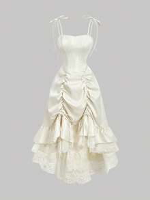 SHEIN MOD 女士优雅蕾丝拼接荷叶边吊带中长连衣裙，夏季 - 杏色 - 查看 6