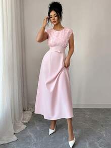 Modelyn Women's Elegant Minimalist Sleeveless Woven Dress With 3D Butterfly Embroidery, Suitable For Spring/Summer - Pink - View 6