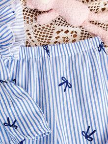 SHEIN 2 Stücke Baby Mädchen Frühling/Sommer Lässig gestreifte Rüschenärmel Schleife Webshirt Top und Hose Set Kleinkind Koordinationsanzug Baby Mädchen Prinzessin Lässig Hose Sets Blau und Weiß Outfit für Baby Mädchen Zweiteiler Baby Mädchen - Blau - Übersicht 6