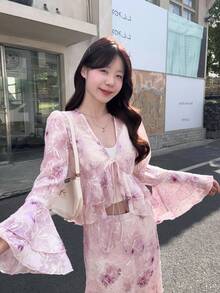 DAZY Women's V-Neck Ruffle Flare Sleeve Tie Front 2 Pieces Set, Summer - Purple - View 1