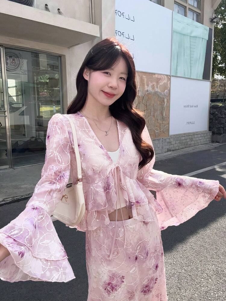 Women's V-Neck Ruffle Flare Sleeve Tie Front 2 Pieces Set, Summer