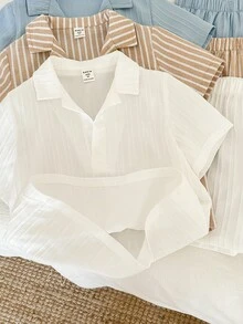 SHEIN 6件套 男童/女童春夏纯色条纹领短袖梭织衬衫短裤套装，舒适休闲百搭日常服装 - 彩色 - 查看 8