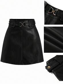 Ellevyn 女士装饰纽扣A字高腰裙 - 黑色 - 查看 2