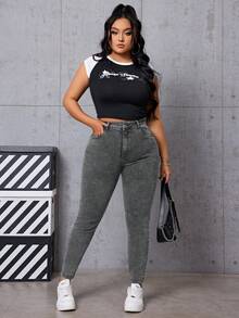 SHEIN ICON Plus Size Solid Skinny Jeans - Dark Grey - View 4