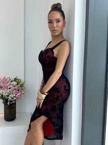 Manon Tanti 女士优雅花卉植绒网眼开衩连衣裙、黑色返校节连衣裙、女巫连衣裙、吸血鬼连衣裙、优雅女士连衣裙、亡灵节服装、哥特 - 紅色和黑色 - 查看 4