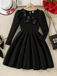 Elladie kids Christmas Fashionable Cute French Stylish 3D Floral Ribbed Long Sleeve Princess Dress Elegant Girl Dress Long Sleeve Black Dress Girl Black Dress Flower Embellishment Dress - Black - View 3