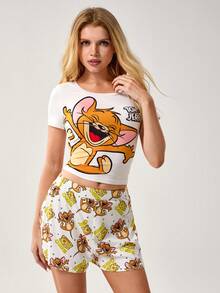 TOM & JERRY X SHEIN Bộ đồ ngủ 3 món dành cho nữ, gồm áo croptop tay ngắn in chữ hoạt hình dễ thương, quần ống rộng và quần short, thích hợp cho mùa xuân, hè và thu. - Màu vàng - Xem 3