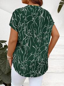 SHEIN LUNE Blouse décontractée à manches courtes pour femmes grandes tailles, minimaliste et , convient pour l'été et les vacances de printemps - Vert sapin - Voir 2