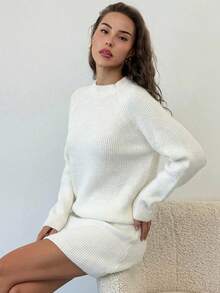 Aloruh Women's Autumn/Winter New Stand Collar Raglan Sleeve Loose Pullover Knit Top And Mini A-Line Skirt 2-Piece Set, Vintage Style For Daily Wear - White - View 7