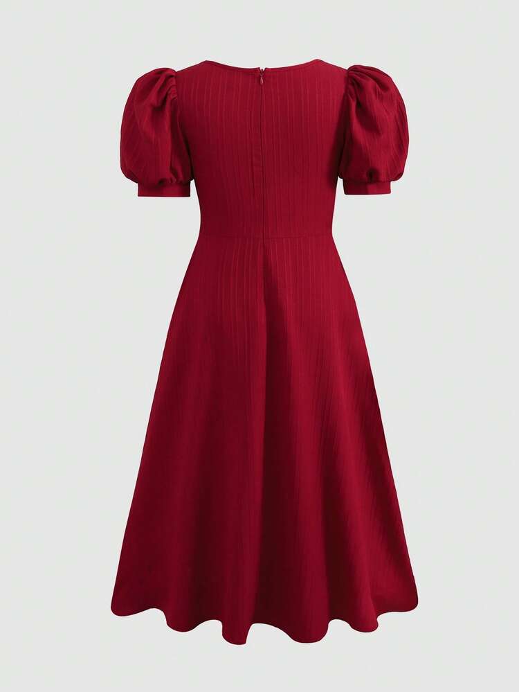 SHEIN فستان بياقة مربعة وأكمام منتفخة ذو نسيج جاكار عصري مناسب للفتيات المراهقات، اللون الأحمر الكرزي، للربيع/الصيف - الأحمر - مشاهدة 3