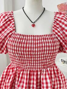 Sweetra 大码女式方领可爱系带蝴蝶结灯笼袖衬衫，休闲衬衫，格子衬衫，度假衬衫，适合日常穿着、返校、海滩度假、春季、夏季、秋季 - 彩色 - 查看 3