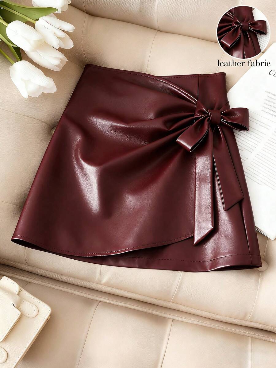 Franclia 优雅时尚短款褶裥可调节系带双层侧边隐形拉链PU皮酒红色女裙，秋冬款 - 酒紅色 - 查看 1
