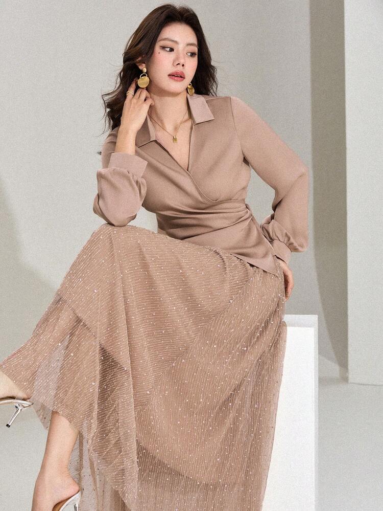 Women's Elegant Commuter Solid Color Shirt & Sequin Skirt Suit