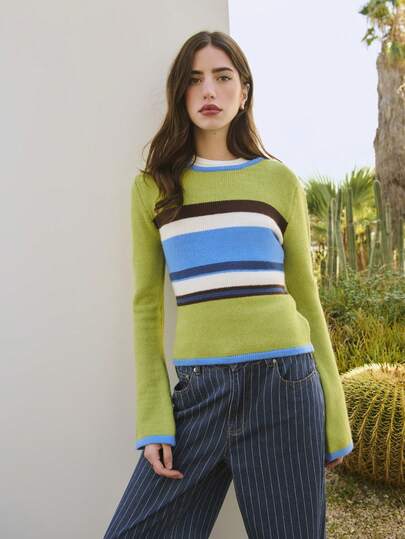 Nöista Striped Knit Sweater With A Fitted Silhouette And Long Sleeves. A Chic Spring Break Outfits Sweater Perfect For Spring Break Outfits Outfits, Casual Looks, Birthday Outfits For Clothes Styling, Or Everyday Wear. Soft, Flattering, And Easy To Layer With Jeans Or Skirts For An Elegant Seasonal Look.