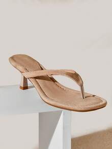 SHUZIA Women's Minimalist Comfortable Round Toe Kitten Heel Faux Suede Thong Sandal - Beige - View 6