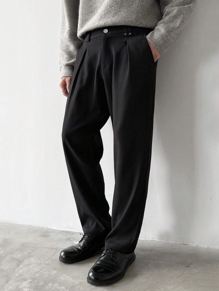 Manfinity Homme 男士纯色褶裥口袋直筒宽松休闲通勤西装裤 - 黑色 - 查看 1