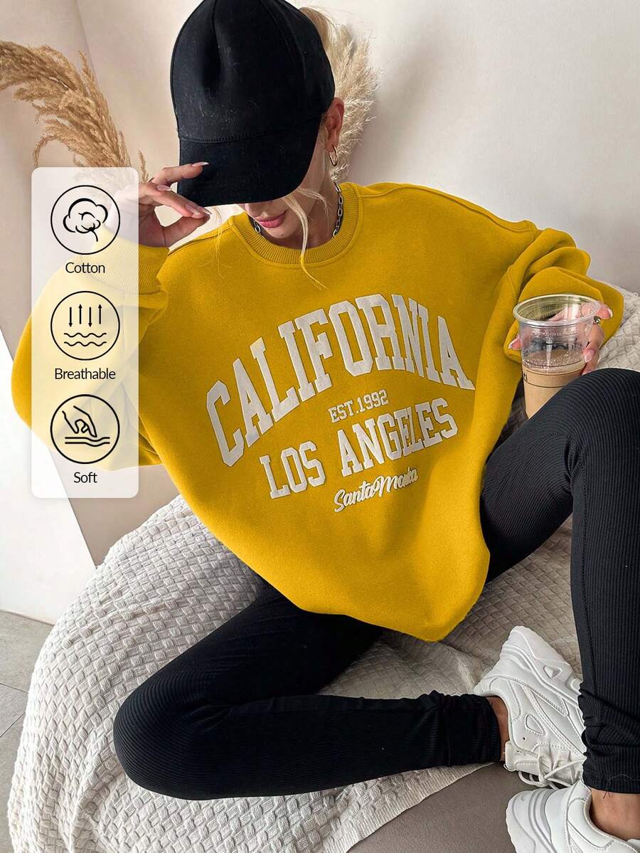 EURMUSE Women's Casual Autumn/Winter Fleece Printed Drop Shoulder Sweatshirt - Yellow - View 1