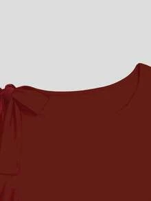 Sweetra Asymmetric Hem Ruched Long Sleeve T-Shirt With Bow Shoulder Strap Decor - Burgundy - View 3