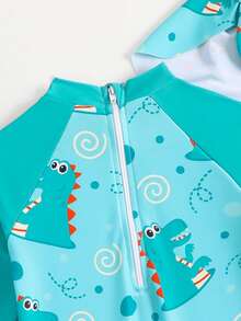 SHEIN 一套男童长袖连体泳衣，含泳帽，适合沙滩和水疗中心 - 綠色 - 查看 6