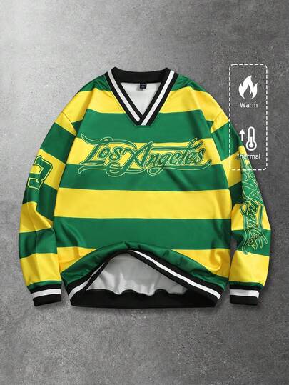 Prep Sudadera casual de hombre con estampado de rayas de color contrastante y letras, otoño