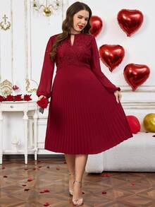 EMERY ROSE Plus Size Elegant Solid Color Contrast Lace Pleated Hem Dress, Autumn Valentine's Day Outfit Burgundy Plus Size Dress Pleated Dress Wedding Party Dress Fasching Women Costume  Valentine Outfits For Women Spring To Summer Mother Of The Bride Dress Plus Size - Burgundy - View 3