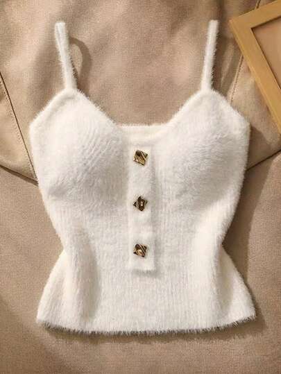 Resyla Dam Casual Vardag Pendling Enkel Mångsidig Enfärgad Metall Fyrkantigt Spänne Dekor Fluffig Stickad Topp