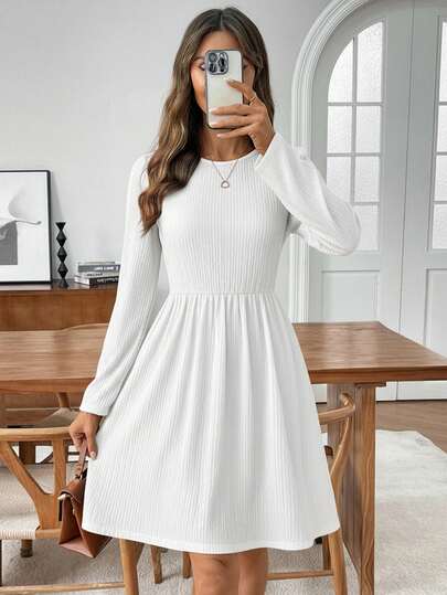 EMERY ROSE Women's Casual Solid Color Long Sleeve Short Dress, Autumn Modest White Dress Long Sleeve White Dress White Casual Dress Women White Dress