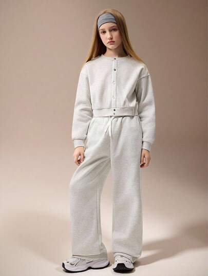 SHEIN Tween Girls Sweatsuit, Floral Gray Button Decor Pullover Pullover Sweatshirt + Wide Leg Knit Pants, Warm & Comfortable, Fashionable All Season