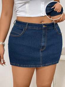 Sunnyshic Plus Size Women Pockets Vintage Blue Denim Skirt Pants - Blue - View 1