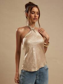 SHEIN BAE 金色纹理露背吊带优雅女式上衣，夏季性感上衣，适合夜店派对、郊游、海滩度假、早午餐、婚礼宾客等场合穿着。 - 金色 - 查看 1