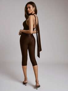 Hauture Women's Simple Sexy Elegant Going Out Bodycon Halter With Neck Tie Capri Jumpsuit - Brown - View 2