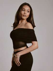 Hauture Top con hombros de malla elástica y plisados, sexy - Negro - Ver 4