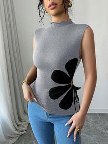 Selianne 返校季可爱花卉装饰抽绳女式背心 - 灰色 - 查看 6