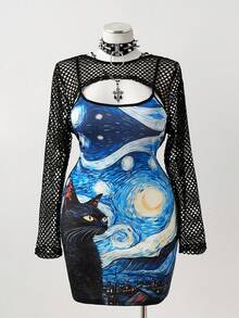 Sunspun Conjunto de 2 piezas: Vestido de talla grande con estampado de Van Gogh de vibra oscura y chal de malla - Multicolor - Ver 4