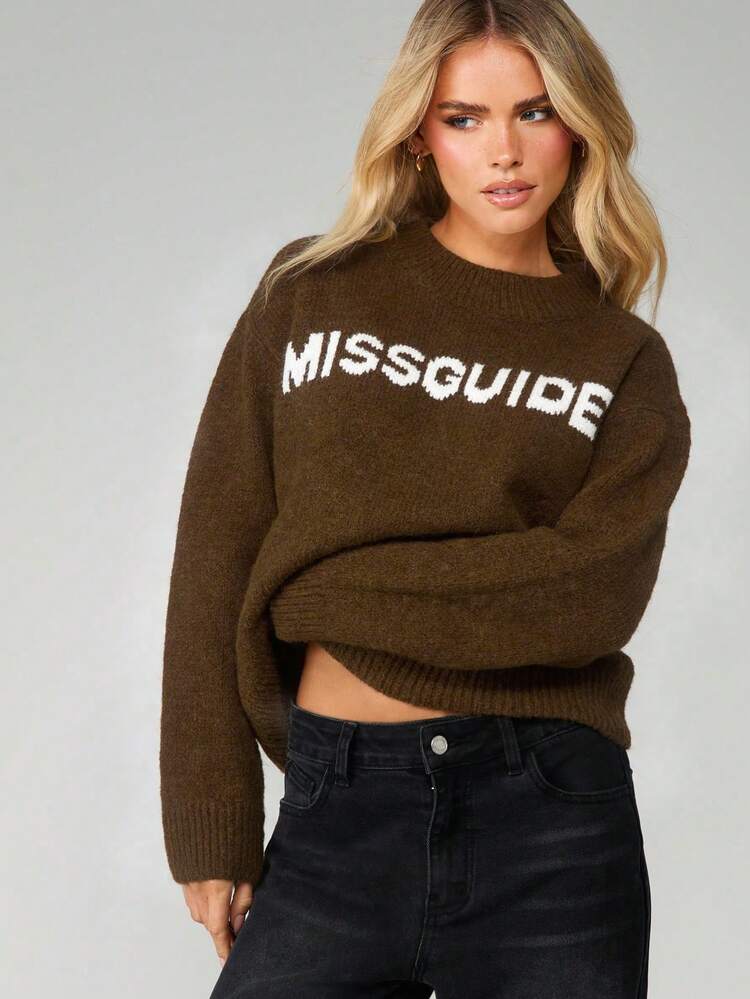 MISSGUIDED Oversized Knit Pullover With Logo Text Print Long Sleeve Crew Neck Fall Winter Casual Sweater