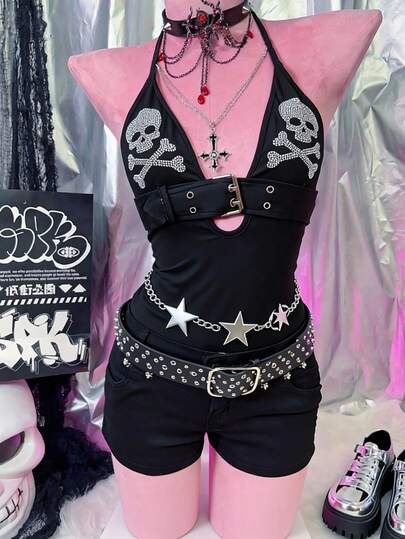 Sunspun Plus Size Strass Skull Decor Avtagbar Midjebälte Hängslen, Edgy Goth Style