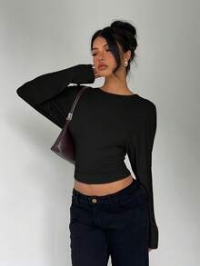 Aloruh 女士休闲纯色收腰T恤，宽松上衣，紧身下装，秋冬款 - 黑色 - 查看 8