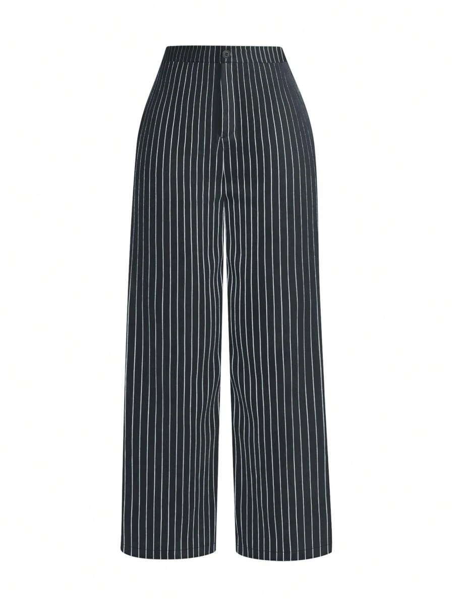 SHEIN PETITE PETITE-D Series Women's Commuter Minimalist Striped Straight Leg Pants - Dark Grey - View 1