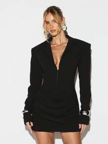 KIZN Vestido mini ajustado de manga larga con escote en V profundo, cierre frontal con gancho y ojos y hombreras acolchadas para ocasiones de fiesta de noche - Negro - Ver 1