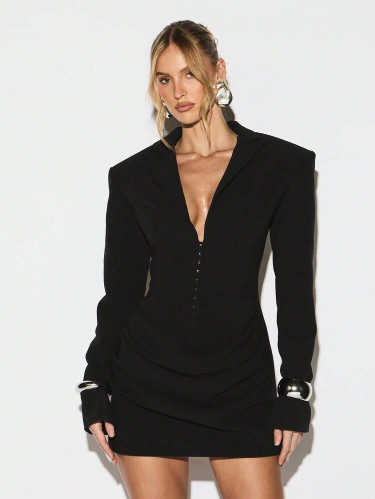 KIZN Enges Minikleid mit tiefem V-Ausschnitt, Langarm, Haken-Ösen-Verschluss vorne und gepolsterten Schultern für Abendparty-Anlässe